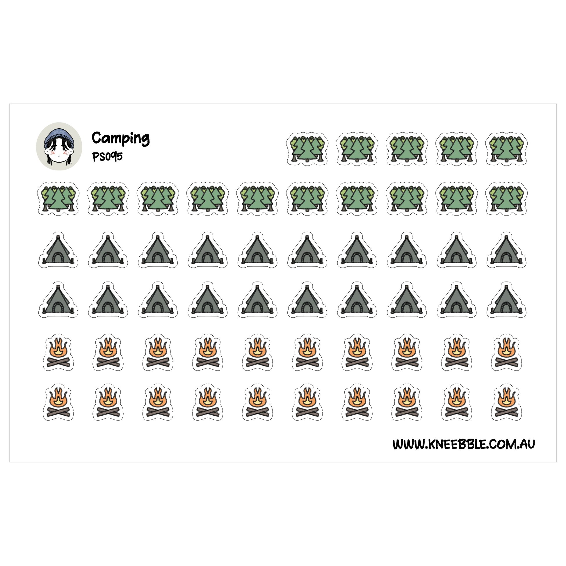 a collection of stickers depicting various camping-related icons, including tents, campfires, and other camping-related symbols.