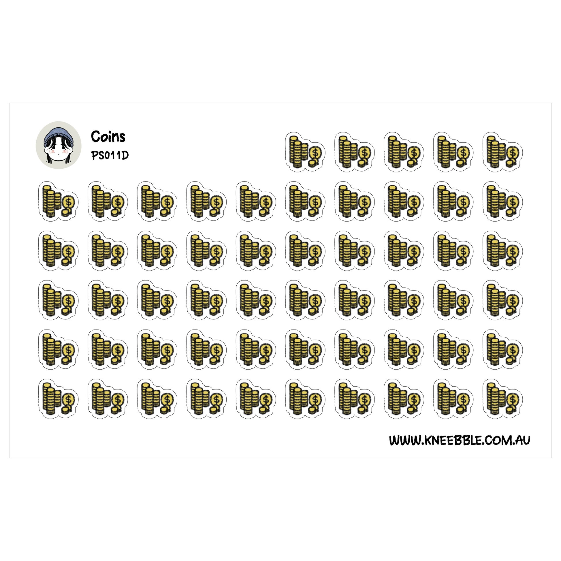 a grid of numerous identical stickers, each featuring a stack of coins. The stickers are arranged in rows and columns, creating a visually organized and repetitive pattern.