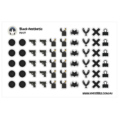 a collection of black and white stickers featuring various symbols and icons, such as guns, lock-picking tools, and other objects.