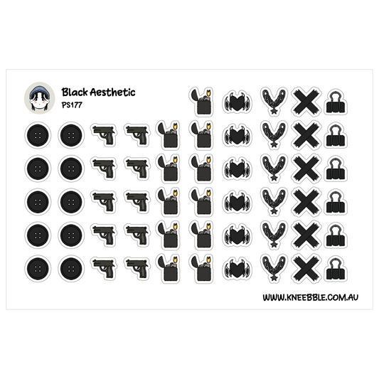 a collection of black and white stickers featuring various symbols and icons, such as guns, lock-picking tools, and other objects.