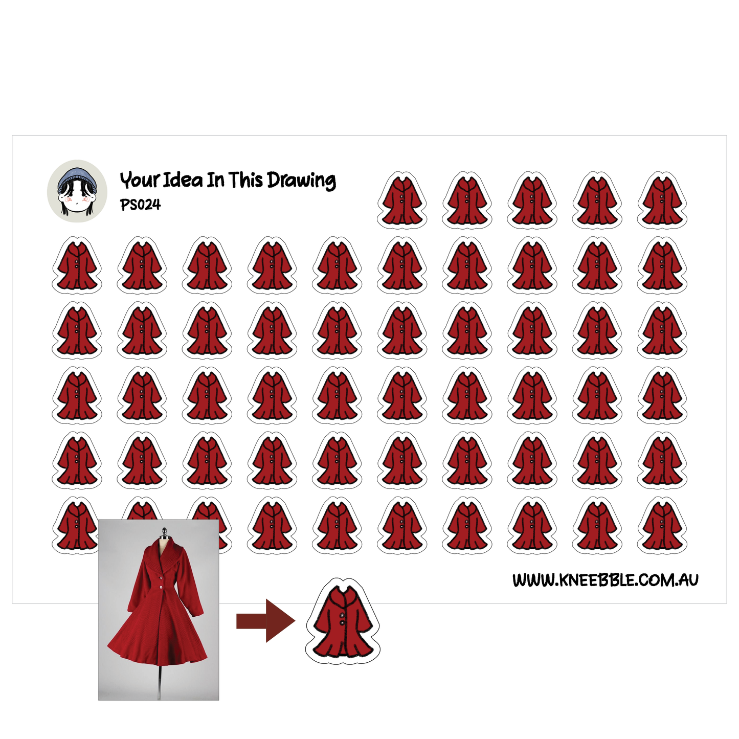 The image is a collage of various red coats, each with a small white outline, arranged in a grid-like pattern. There is also a small image of a red coat on the bottom left corner.