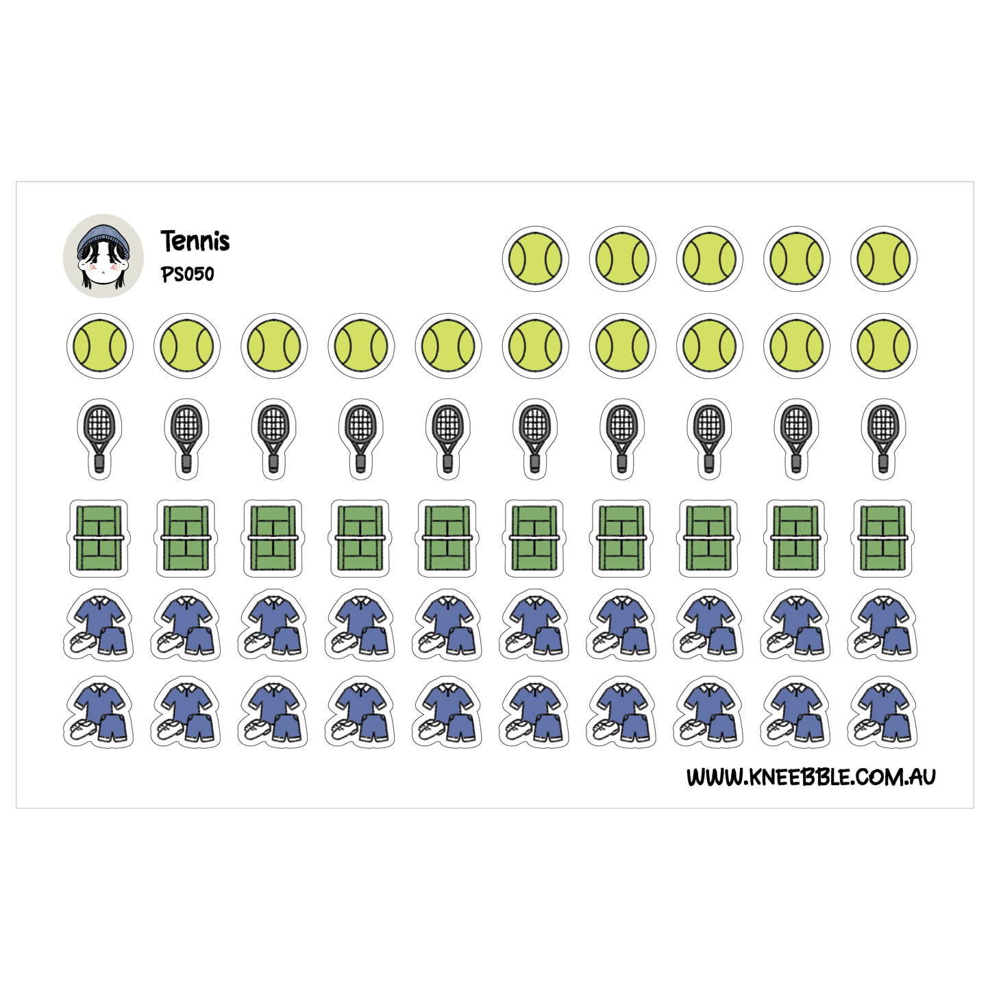 various tennis-related icons and objects, including tennis balls, tennis rackets, and tennis court equipment.