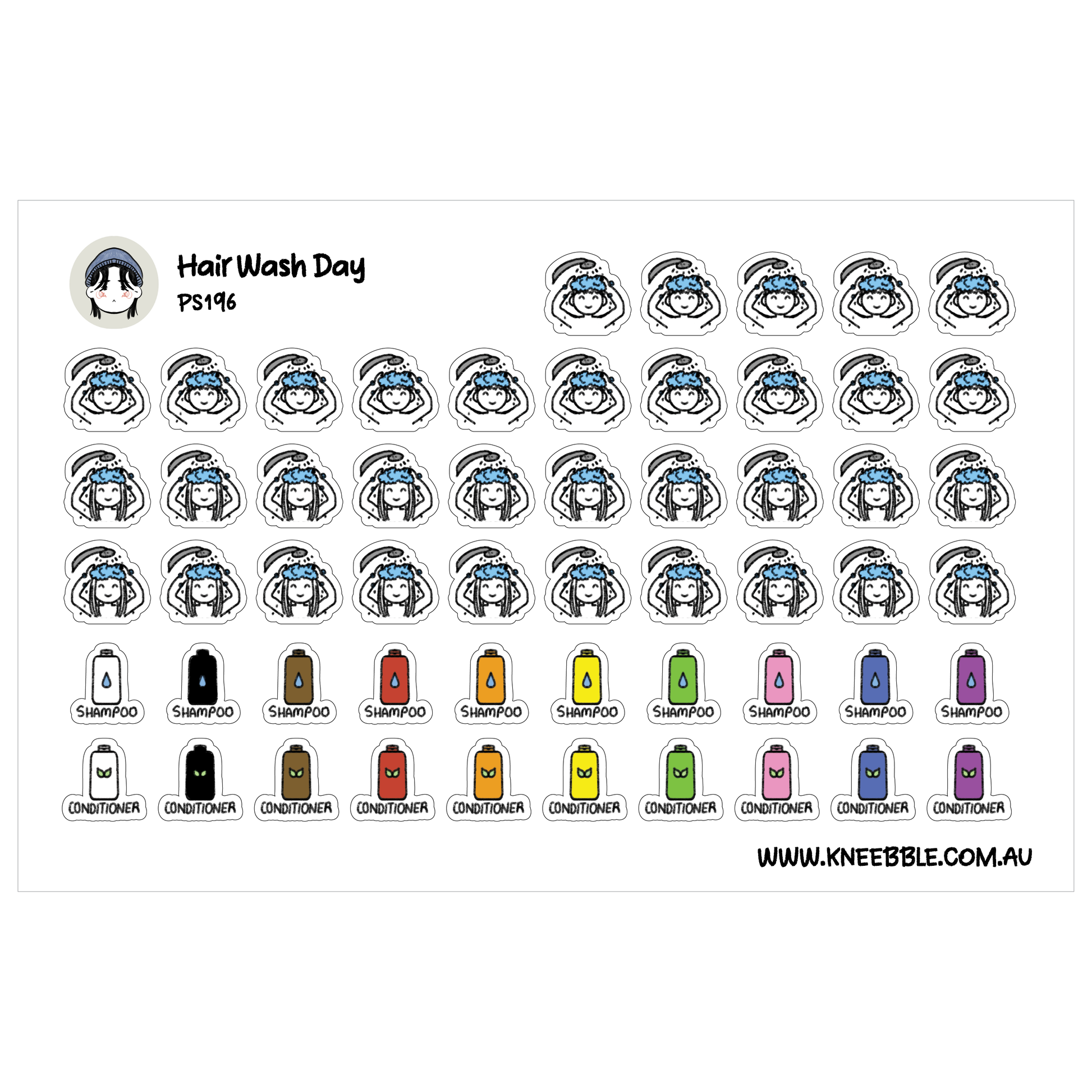 a collection of stickers depicting various hair care products and accessories, such as shampoo bottles, conditioners, and styling tools, arranged in rows and columns.