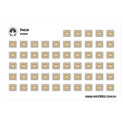 a grid of beige square shapes, which appear to be a collection of patches or stickers.