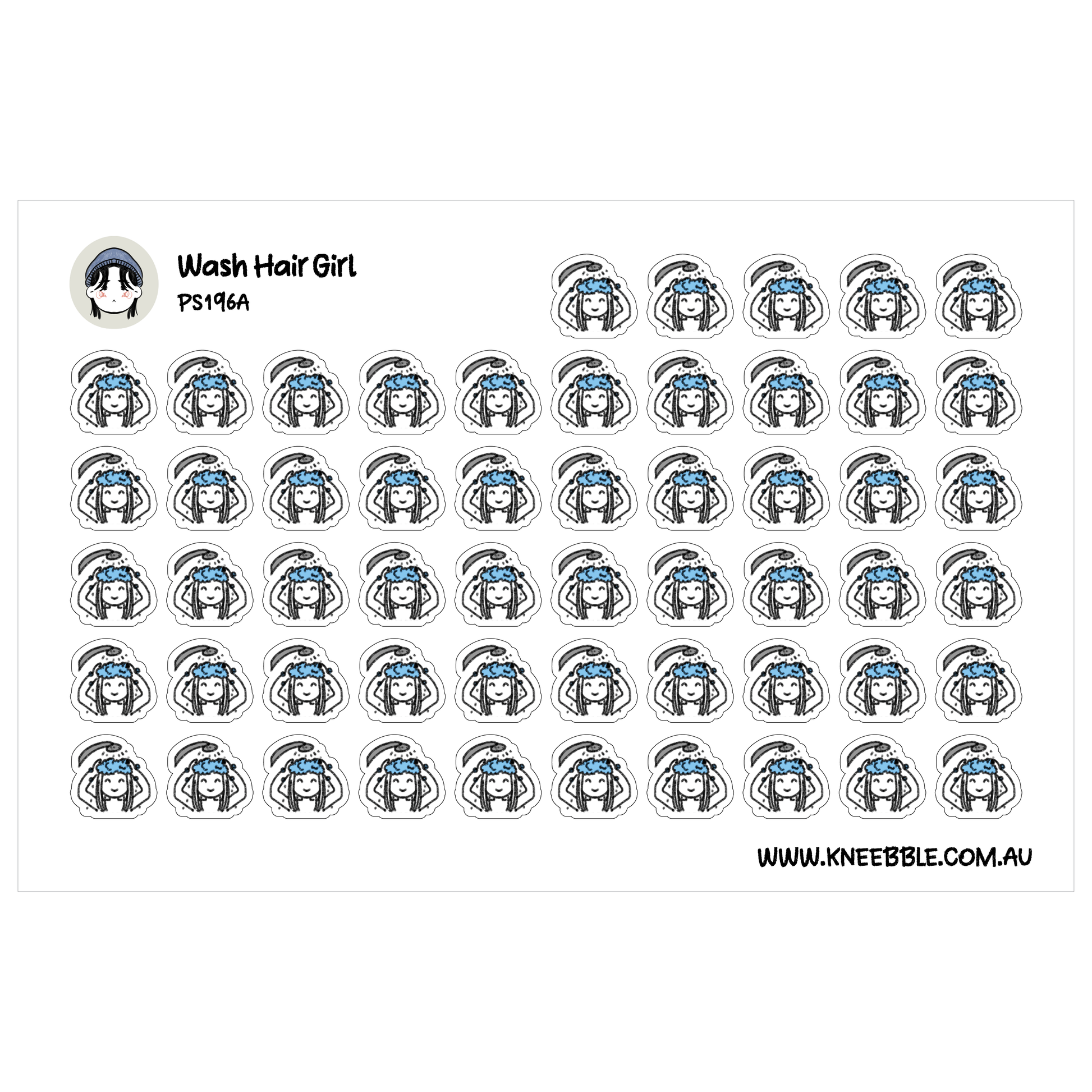 a grid of identical stickers, each featuring a stylized illustration of a person's face wearing a blue hat.