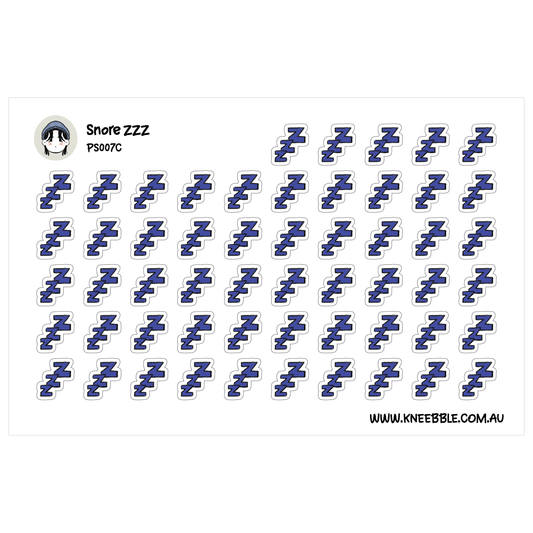 a grid of blue and white stickers with the text "Snoore Zzz" and "P500C" printed on them.