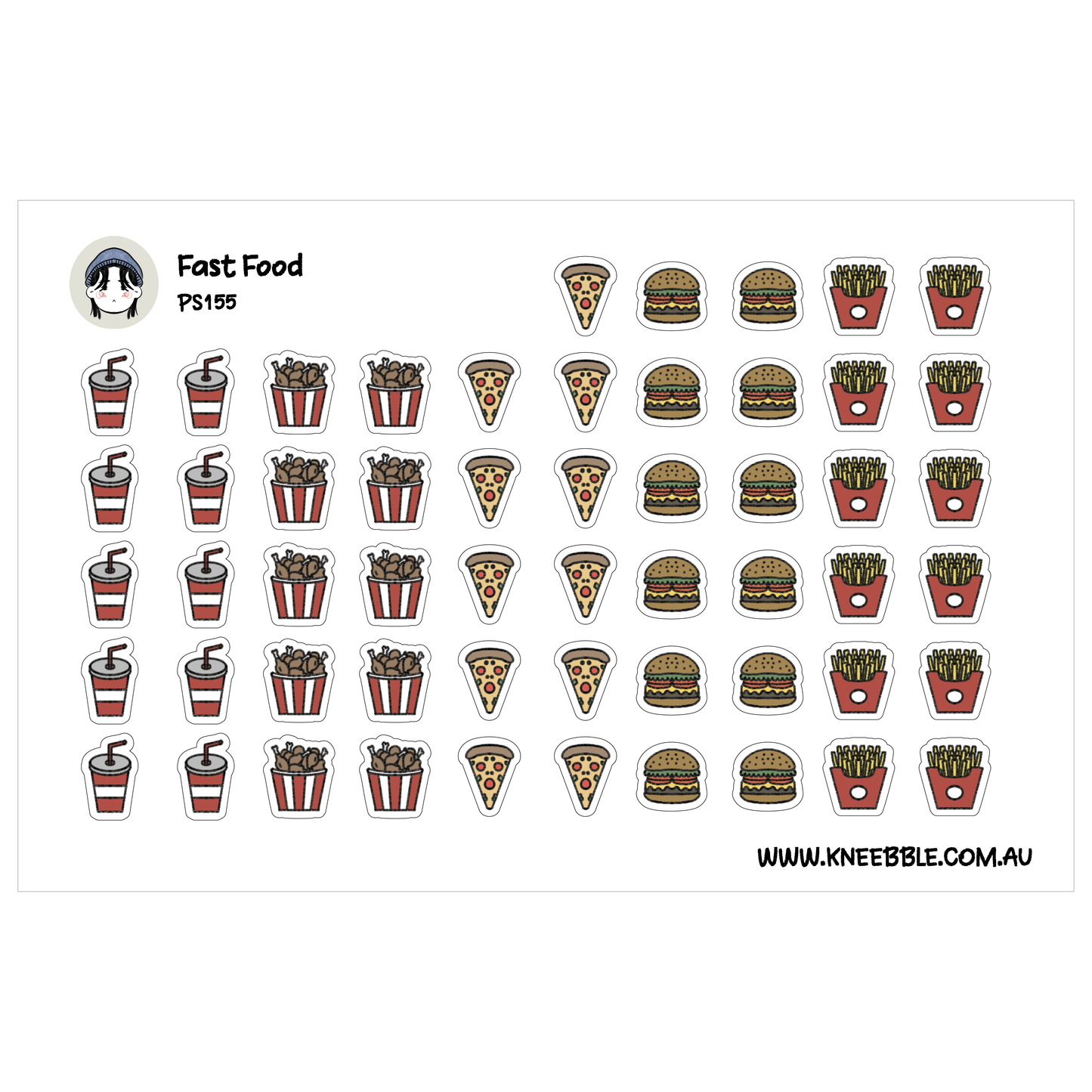 a collection of various fast food items, including pizza, hamburgers, fries, and drinks, arranged in rows and columns.