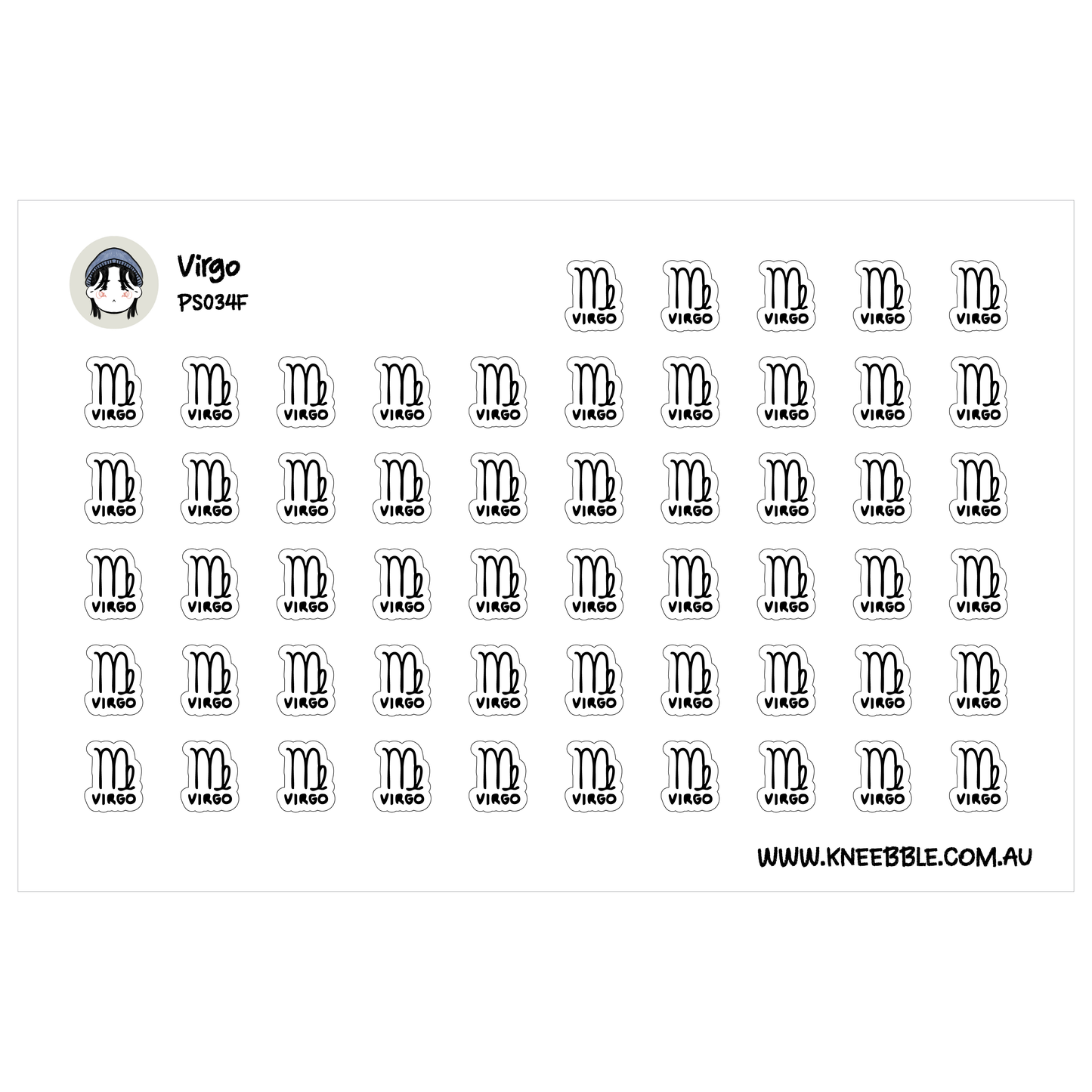 a grid of stickers with the word "VIRGO" written on them.