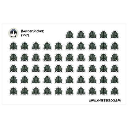 a grid of green and white stickers, each depicting a bomber jacket. The stickers are arranged in rows and columns, creating a visually organized and repetitive pattern.