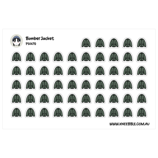 a grid of green and white stickers, each depicting a bomber jacket. The stickers are arranged in rows and columns, creating a visually organized and repetitive pattern.
