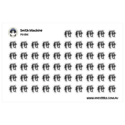 a grid of black and white stickers, each featuring a stylized illustration of a machine or tool. The stickers are arranged in rows and columns, creating a visually organized and repetitive pattern.