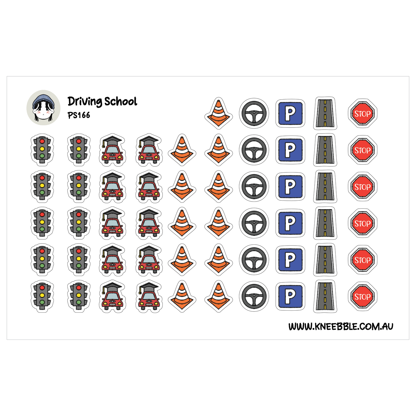 various icons and symbols related to driving school, including traffic lights, cones, parking signs, and stop signs.