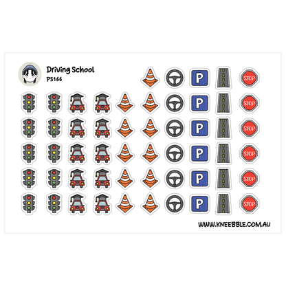 various icons and symbols related to driving school, including traffic lights, cones, parking signs, and stop signs.