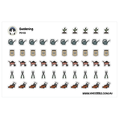 a collection of various gardening-related icons and illustrations, including watering cans, shovels, and other tools and equipment commonly used in gardening.