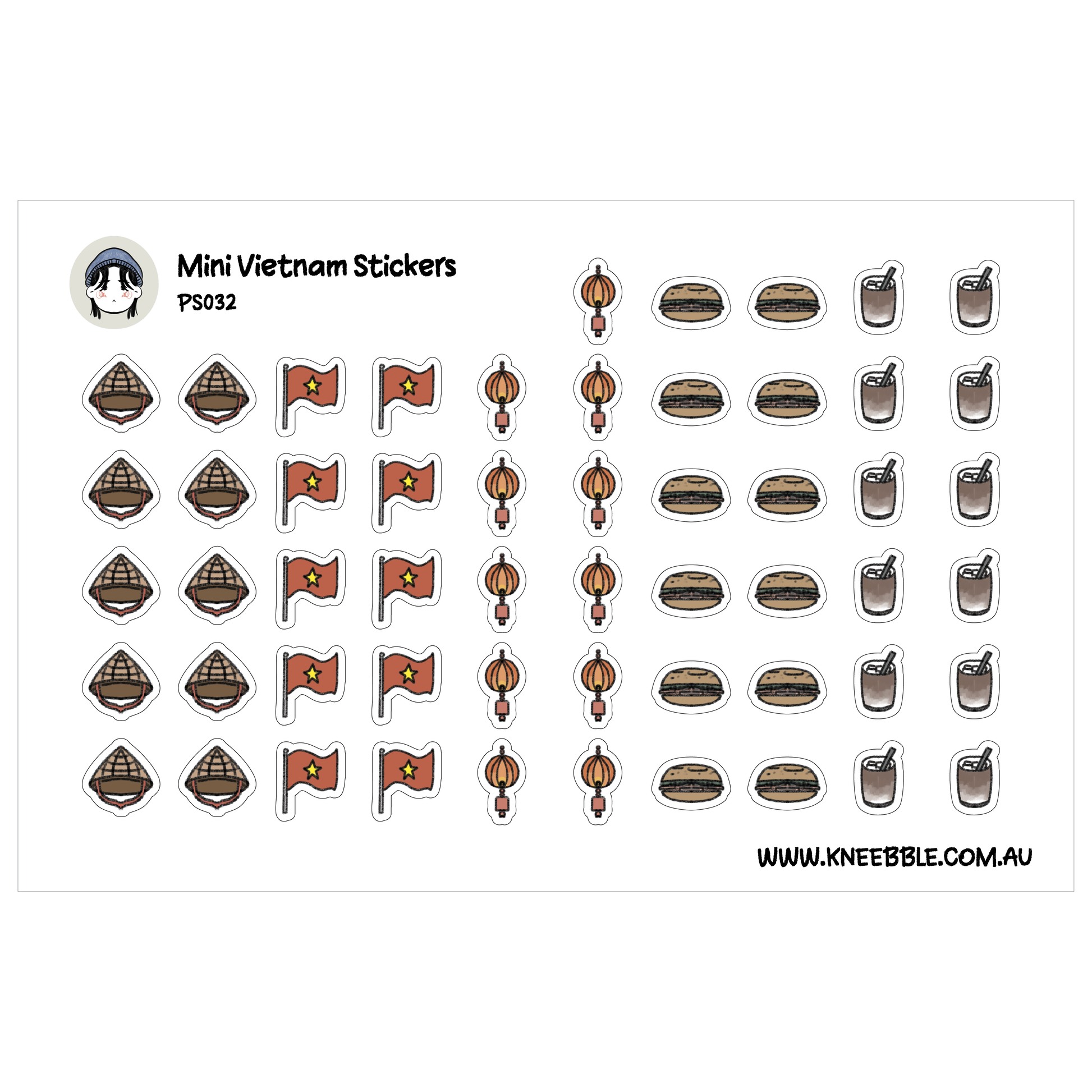 a collection of stickers depicting various Vietnamese-themed items, including flags, food, and drinks.