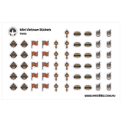 a collection of stickers depicting various Vietnamese-themed items, including flags, food, and drinks.