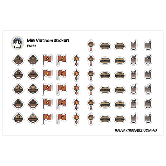 a collection of stickers depicting various Vietnamese-themed items, including flags, food, and drinks.