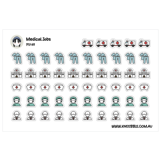 various medical-related icons and symbols, including hospital buildings, ambulances, medical personnel, and other related elements.