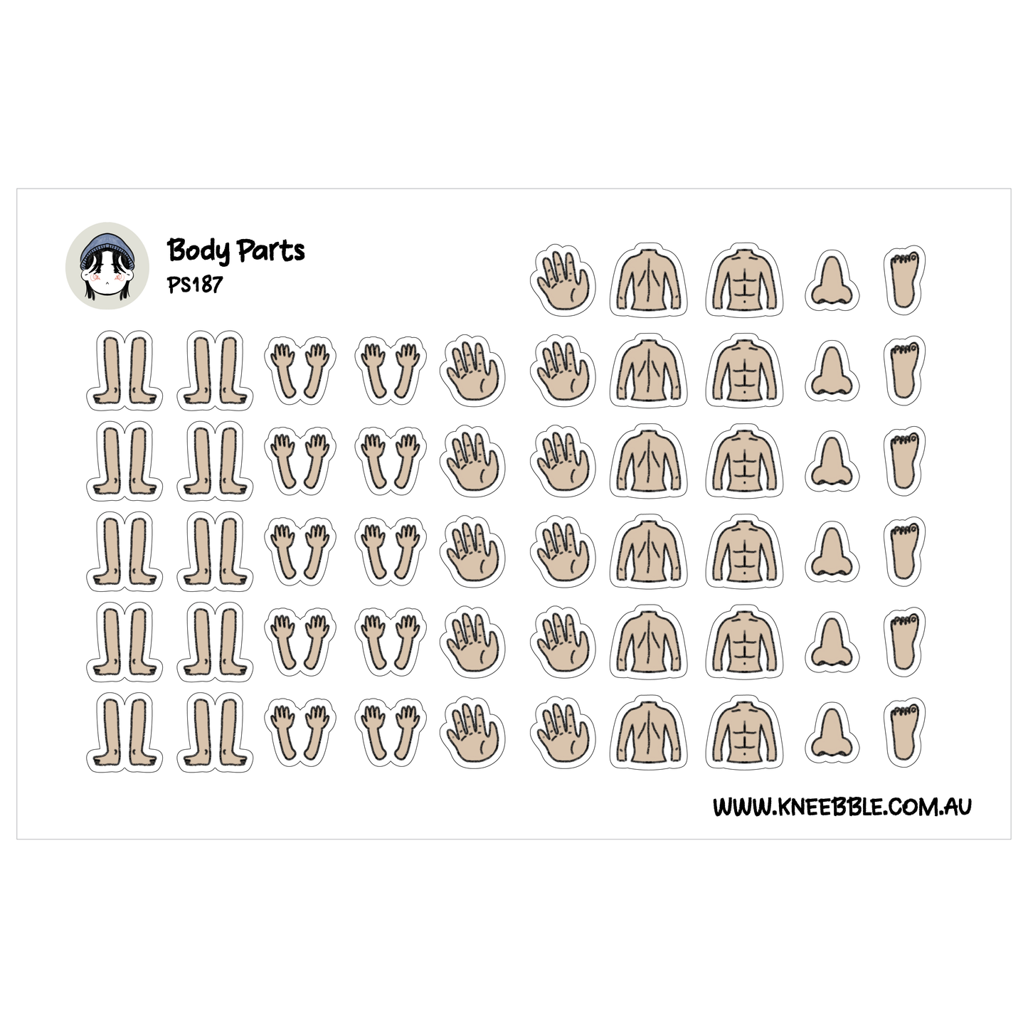 a collection of various body parts and illustrations, including limbs, hands, and noses, arranged in a grid-like pattern.