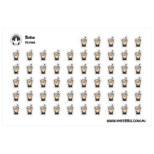 a grid of small, identical stickers depicting cups of bubble tea.
