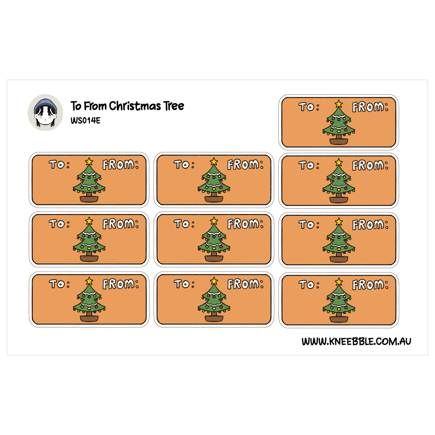 a collection of Christmas tree-themed labels, each featuring a small Christmas tree on an orange background. The labels are arranged in a grid format, with each row containing a different label. The labels are intended for use as tags to be attached to Christmas trees, indicating the names of the trees or the names of the people who will receive them.