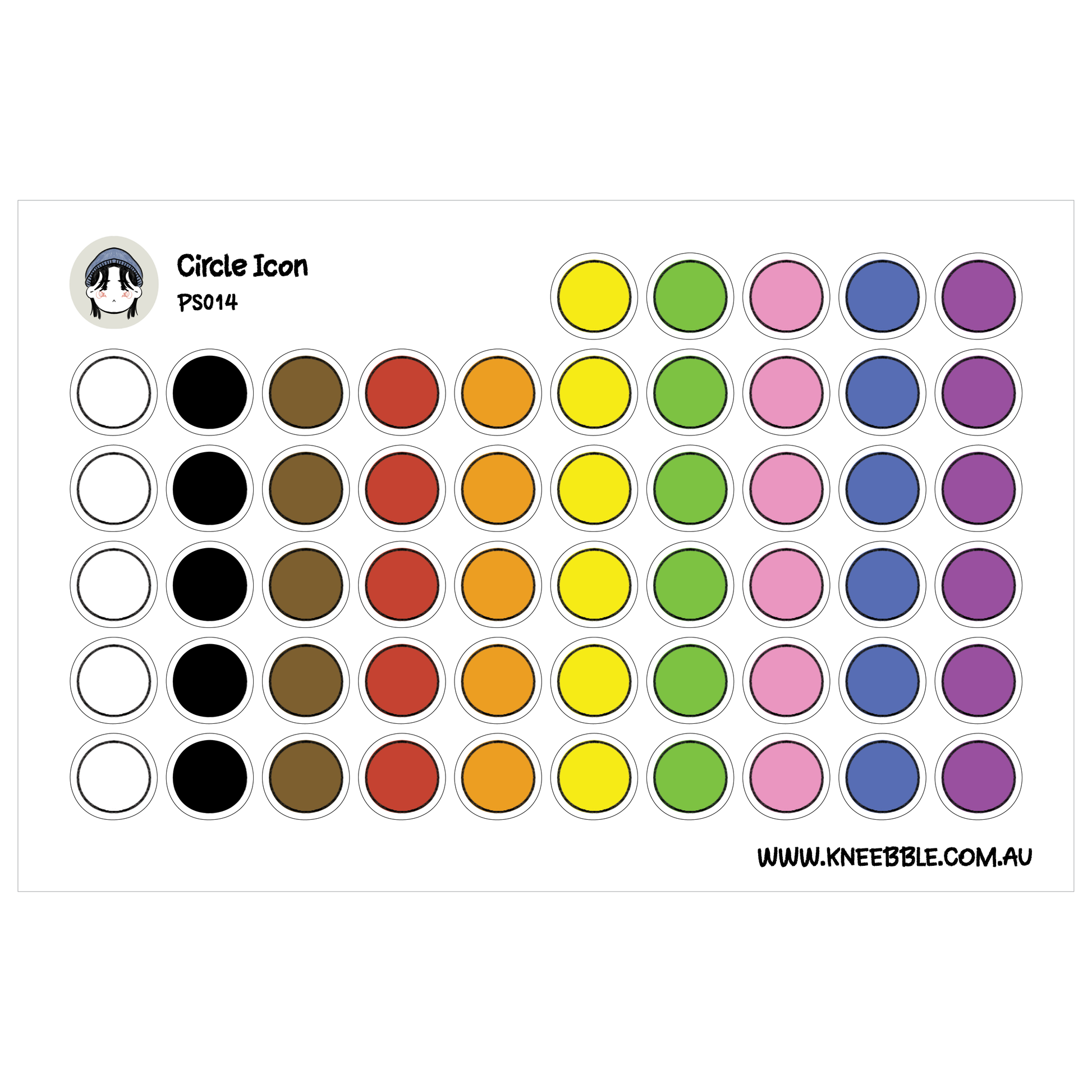 The image is a collection of circles in various colors, including black, white, brown, orange, yellow, green, pink, blue, purple, and gray.