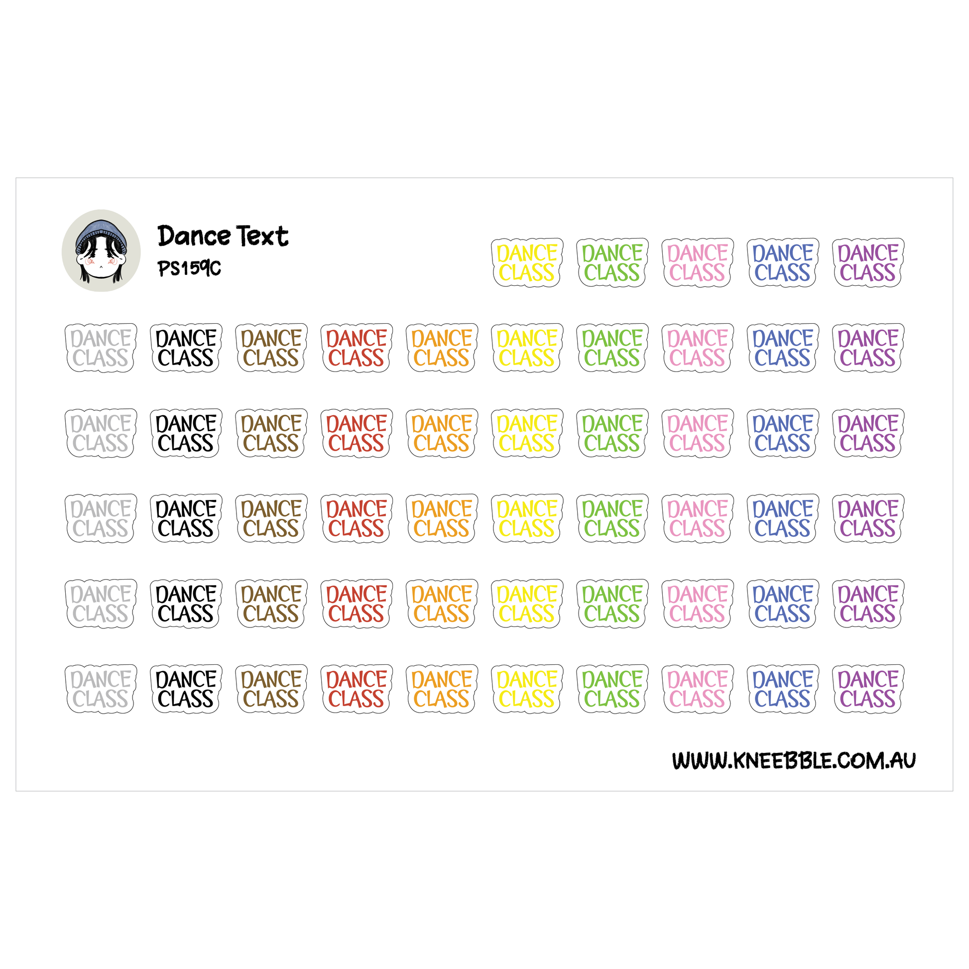 a grid of stickers with the word "Dance" written on them in various colors.