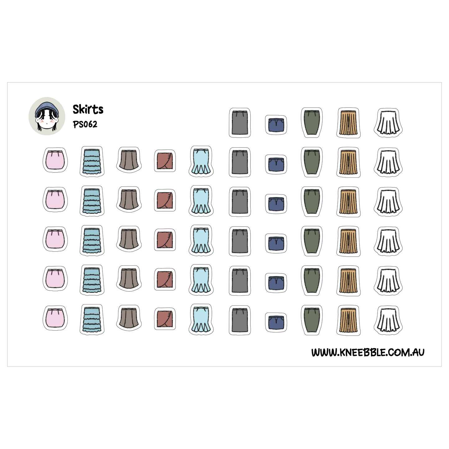 a collection of various skirts in different colors and styles, arranged in a grid-like pattern.