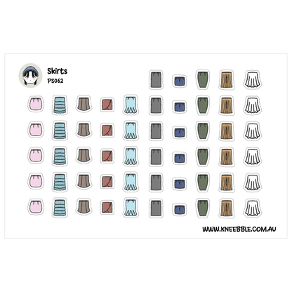 a collection of various skirts in different colors and styles, arranged in a grid-like pattern.