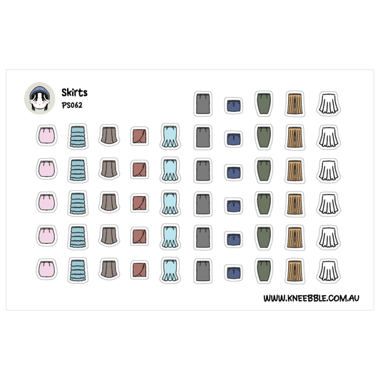 a collection of various skirts in different colors and styles, arranged in a grid-like pattern.