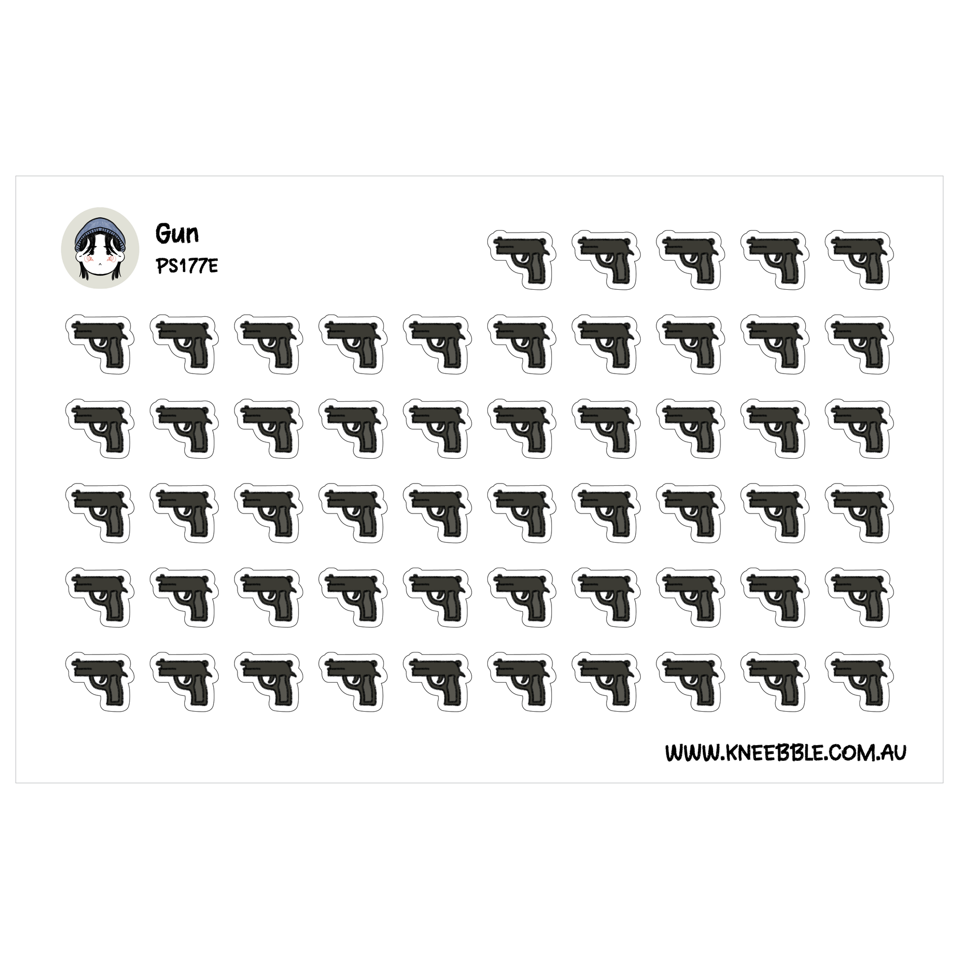 a grid of black and white stickers, each depicting a gun. The stickers are arranged in rows and columns, creating a visually organized and repetitive pattern.