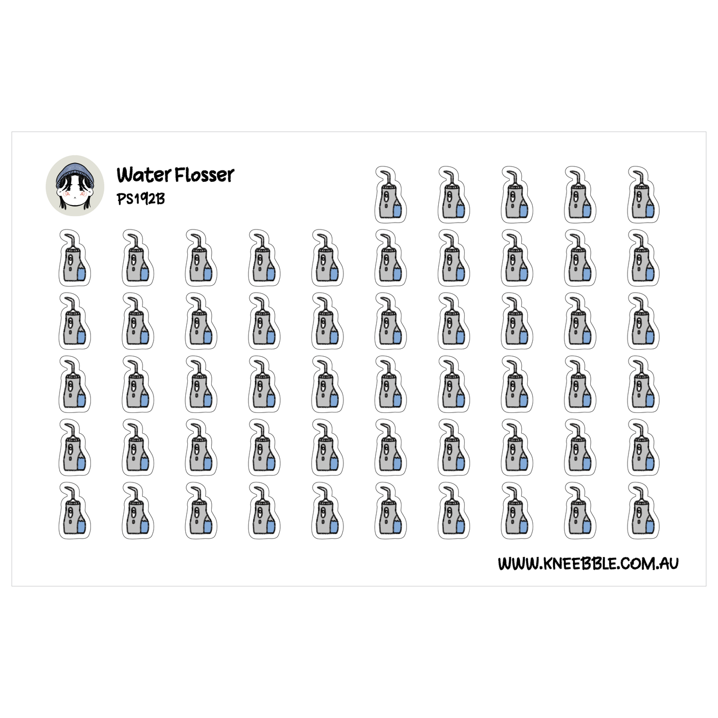 a grid of small blue and white stickers, each depicting a water flosser. The stickers are arranged in rows and columns, creating a visually organized and repetitive pattern.