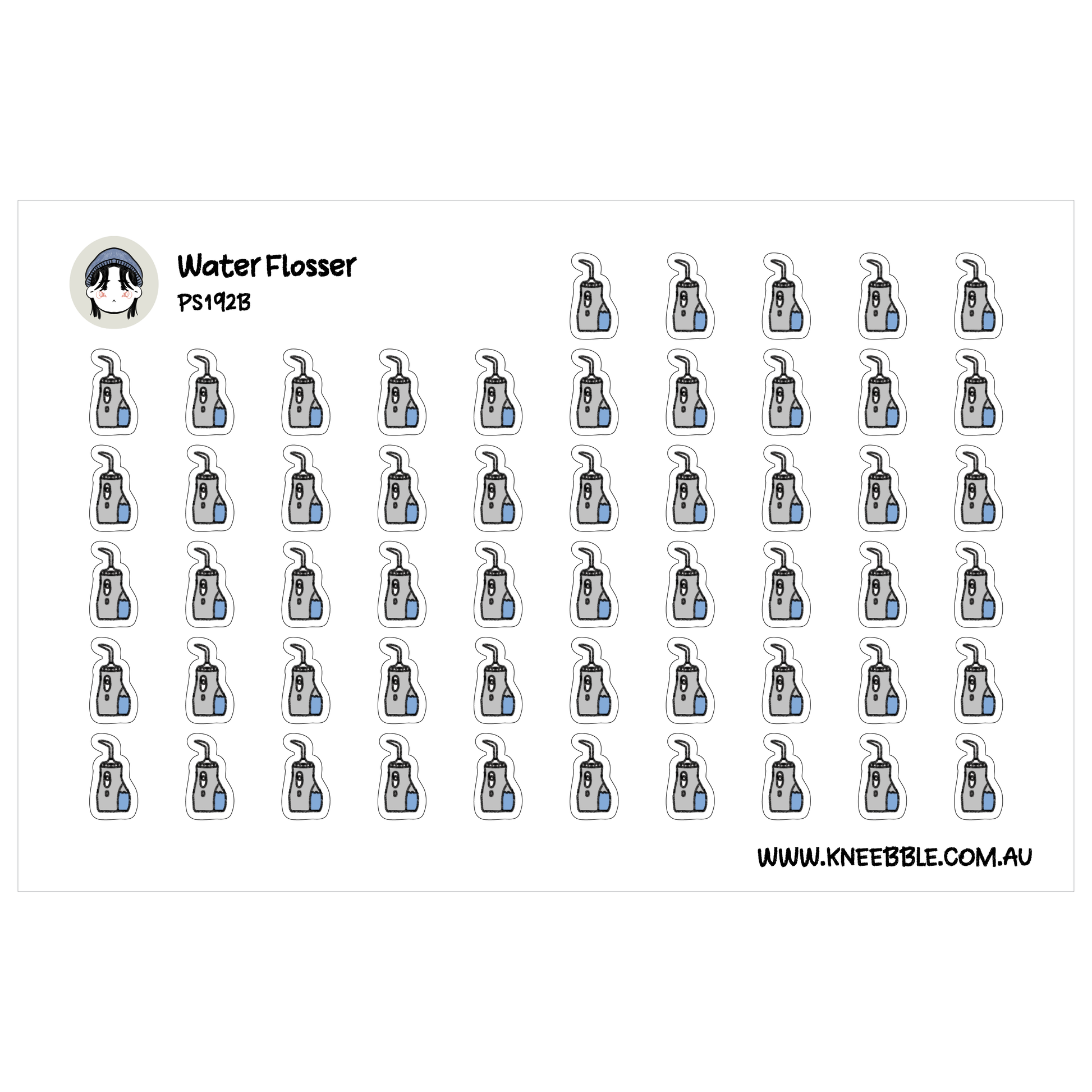 a grid of small blue and white stickers, each depicting a water flosser. The stickers are arranged in rows and columns, creating a visually organized and repetitive pattern.