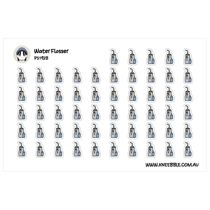 a grid of small blue and white stickers, each depicting a water flosser. The stickers are arranged in rows and columns, creating a visually organized and repetitive pattern.