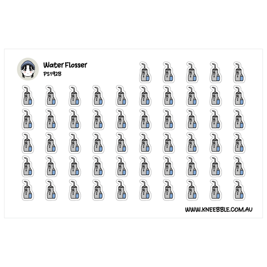 a grid of small blue and white stickers, each depicting a water flosser. The stickers are arranged in rows and columns, creating a visually organized and repetitive pattern.