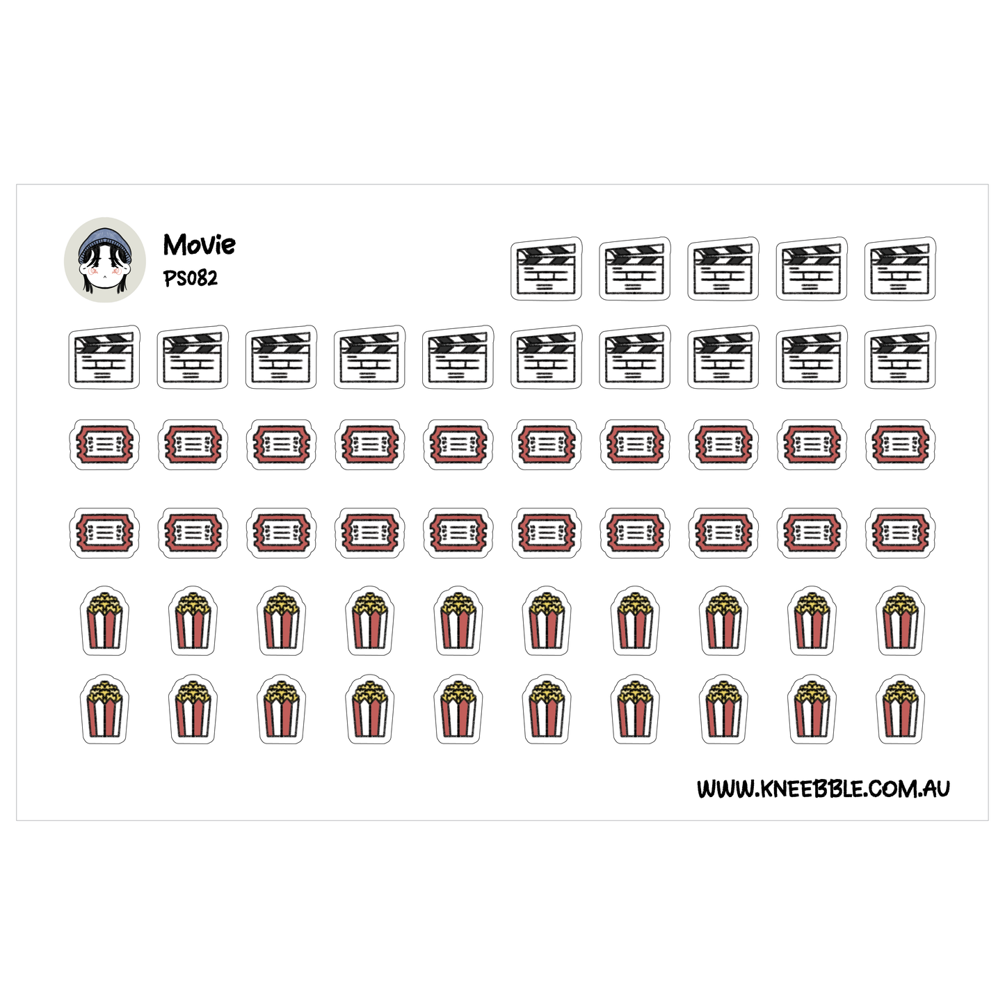 various movie-related icons and stickers, including movie tickets, popcorn, and a person's face.