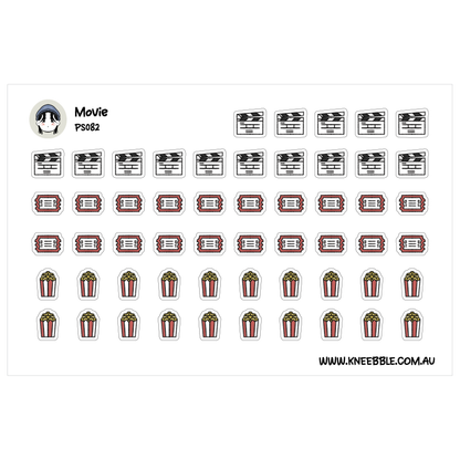 various movie-related icons and stickers, including movie tickets, popcorn, and a person's face.