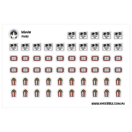 various movie-related icons and stickers, including movie tickets, popcorn, and a person's face.