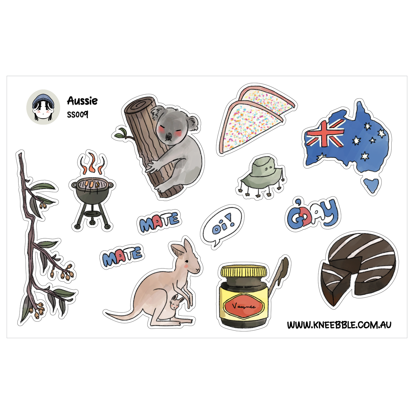 various Australian-themed stickers, including a koala, a kangaroo, a sandwich, a map of Australia, and other objects associated with Australia.