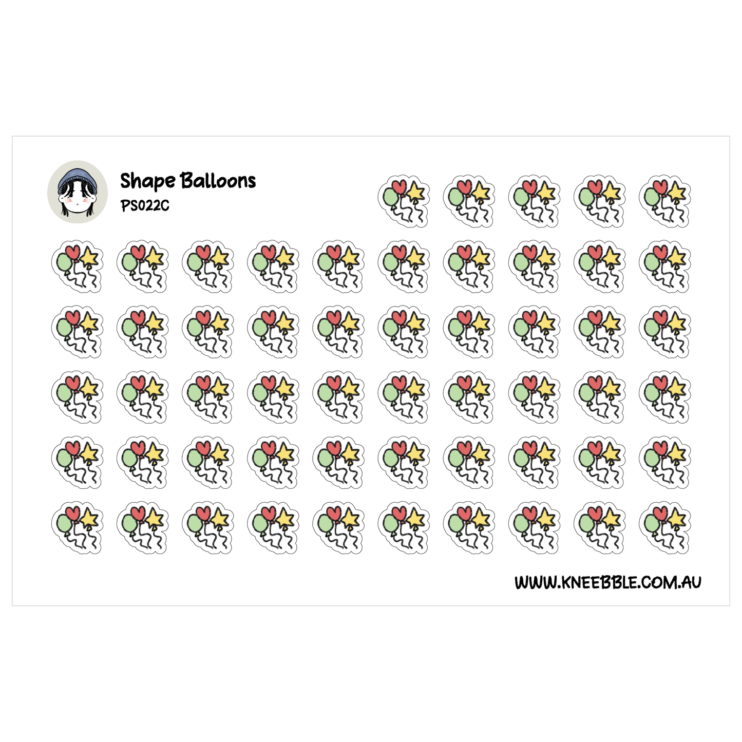 a grid of various shapes and objects, including balloons, stars, and hearts, arranged in a visually appealing manner.