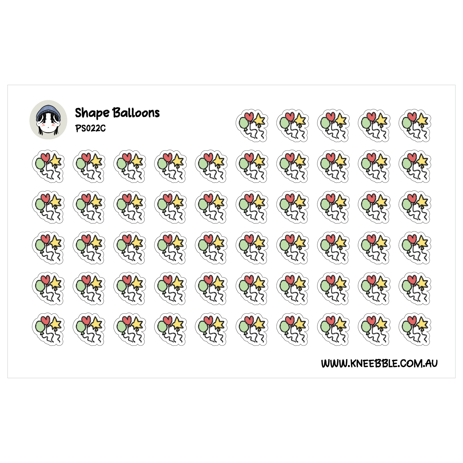 a grid of various shapes and objects, including balloons, stars, and hearts, arranged in a visually appealing manner.