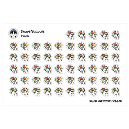 a grid of various shapes and objects, including balloons, stars, and hearts, arranged in a visually appealing manner.