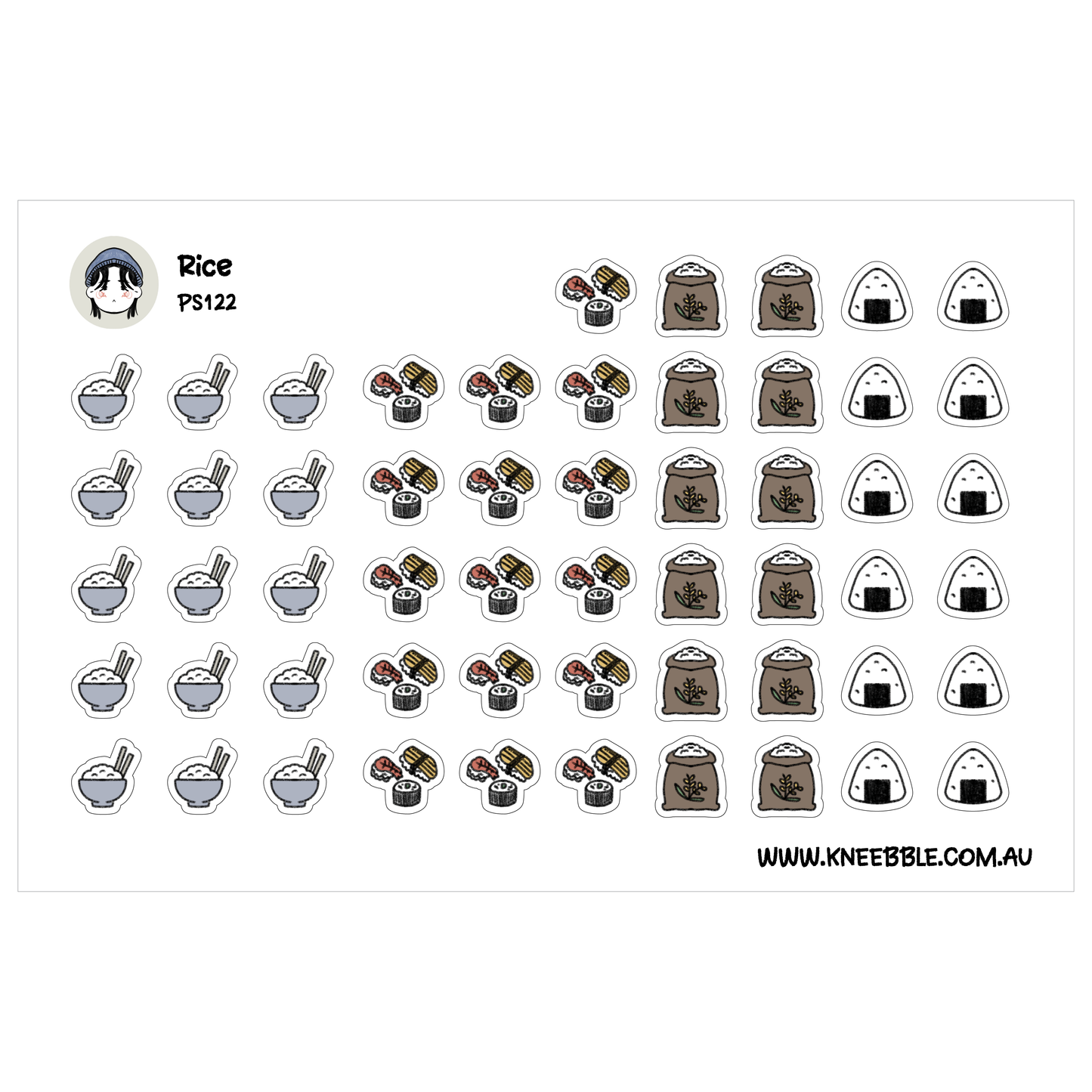 various icons representing different types of food, including rice, sushi, and other culinary items.