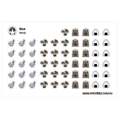 various icons representing different types of food, including rice, sushi, and other culinary items.