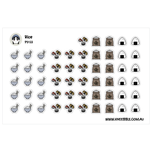 various icons representing different types of food, including rice, sushi, and other culinary items.