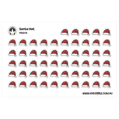 a grid of red Santa hats, each with a white trim, arranged in rows and columns.