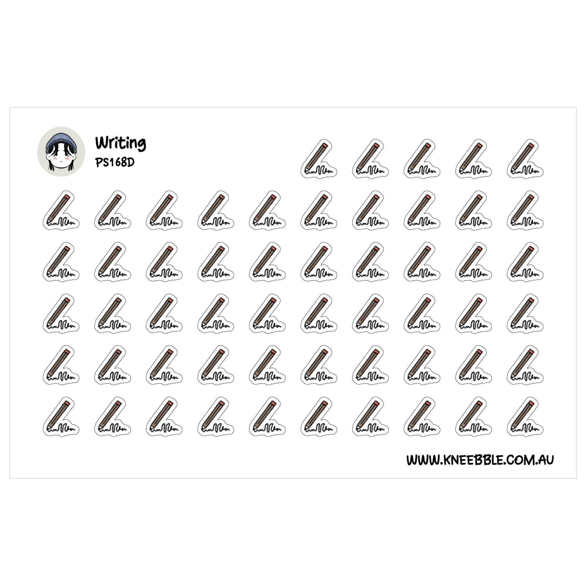 a grid of small, stylized stickers depicting various writing utensils, such as pens and pencils.