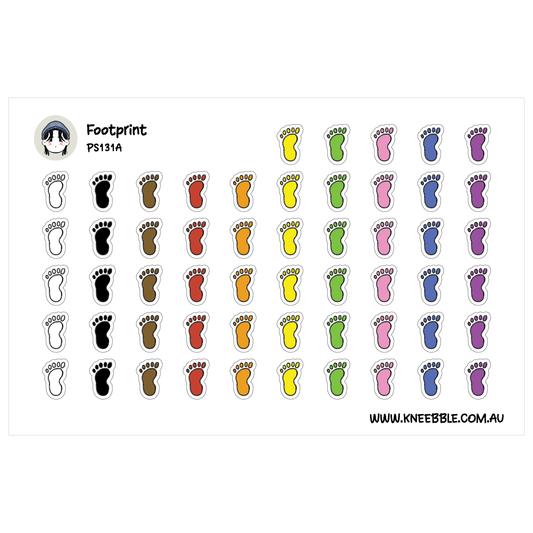 a grid of colorful footprints in various colors, including black, brown, orange, yellow, green, blue, and purple.