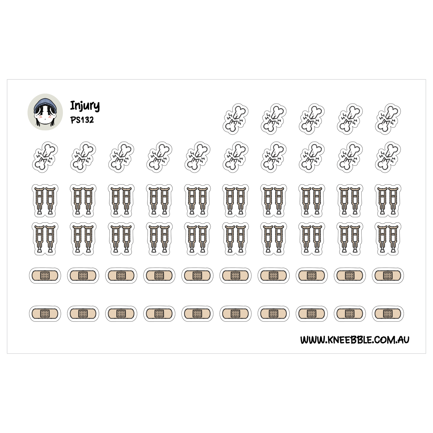 a collection of stickers and illustrations related to injuries and medical supplies.