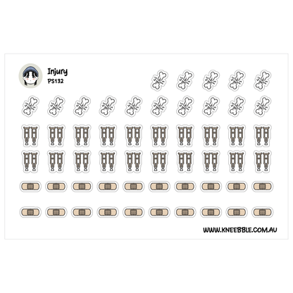 a collection of stickers and illustrations related to injuries and medical supplies.